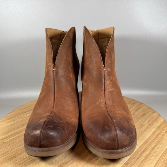 Korks‎ Shamira Leather Ankle Boot Womens 10M Brown Chunky Heel Cutout Back Zip - Picture 2 of 8